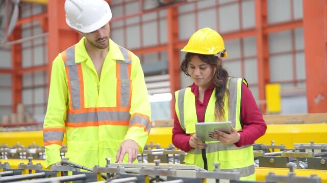 Two engineers in safety helmets and high visibility clothing inspect factory machinery and review production quality using a tablet in an industrial facility.
