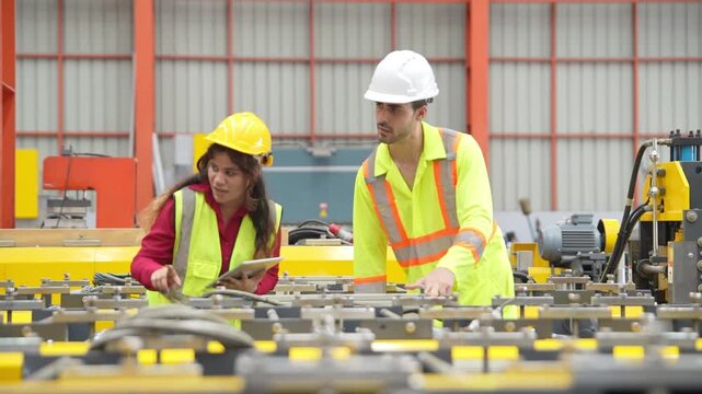 Two engineers in safety gear inspect factory machinery and review production quality during an industrial audit and manufacturing process evaluation.