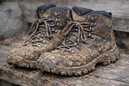 A pair of worn-out hiking boots sitting on a bench, perfect for outdoor or adventure-themed projects