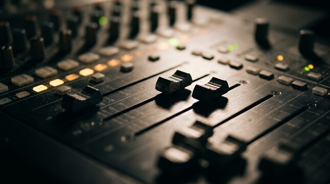 Detailed View of Sound Console Faders with Low Focus Focus and Delicate Illumination Formulating Non Objective Acoustic Production Canvas Detailed View of Sound Console Faders with Low Focus Focus