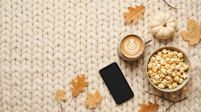 Cozy movie night flat lay on clean surface with copy space