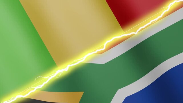 Two waving flags Mali and South Africa with diagonal lightning seamless, 4k loop