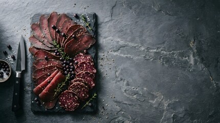 Fototapeta premium Gourmet charcuterie board displaying an exquisite selection of premium cured meats, fresh herbs, and dark peppercorns, elegantly presented on a sleek dark slate platter, perfect for fine dining
