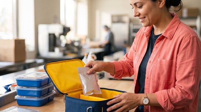Packing specialist assembles seasonal lunch kit portions