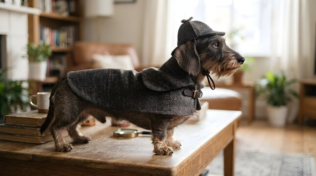Cute wire-haired dachshund dressed as a detective in a tweed coat and deerstalker hat standing on a table inside a cozy living room