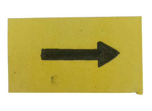 Black arrow symbol pointing right on a rectangular yellow paper label isolated on transparent background