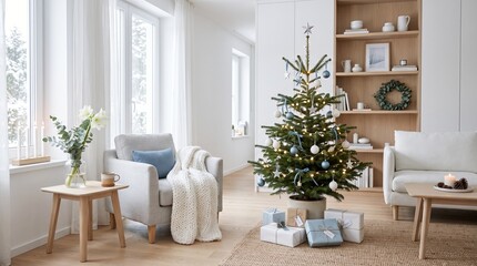 Fototapeta premium Christmas living room with decorated tree wrapped gifts white furniture and winter forest view