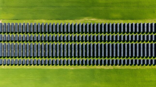 Aerial View of Solar Panels Array in a Lush Green Field for Sustainable Renewable Energy Production