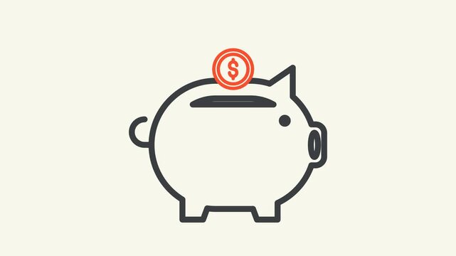 Simple line drawing of white piggy bank receiving red dollar coin suitable for finance, banking, and savings concepts.