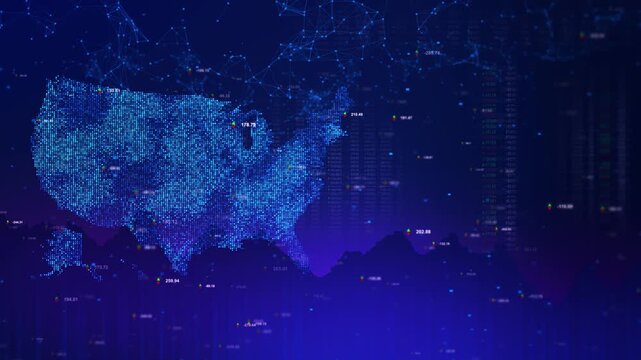 Digital United States map formed by blue data points with market prices, trading indicators financial charts. Perfect for stock analysis, investment, economy, banking, forecasting and business videos.