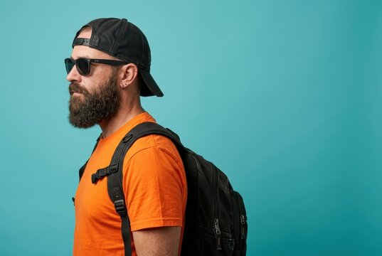 Bearded Man in Orange T-shirt and Sunglasses with Backpack Standing Against Teal Background Profile View