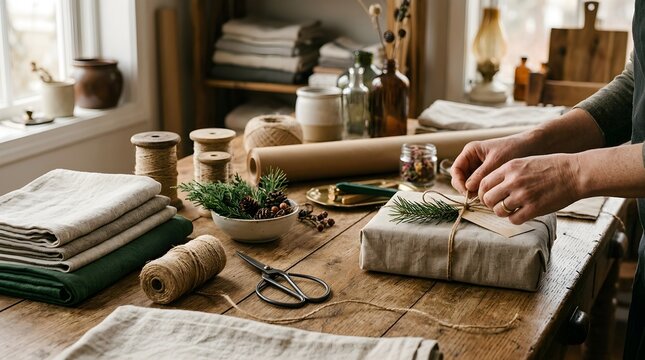 Person wrapping eco-friendly gift package on rustic wooden table with twine pine branches and natural fabrics