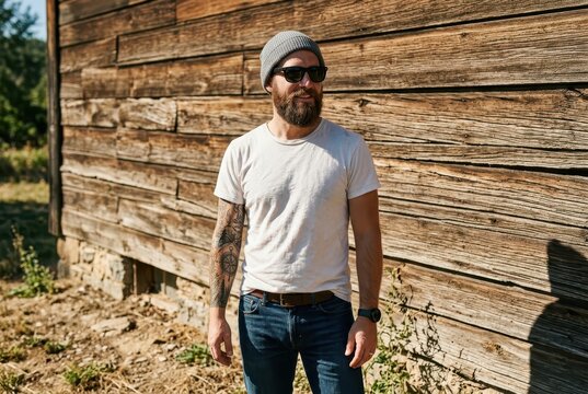Stylish Bearded Man with Tattoos Wearing Beanie and Sunglasses Standing by Rustic Wooden Barn