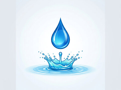 A single blue water droplet falling into a splashing pool with ripples