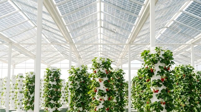 Greenhouse strawberry towers agr on volcanic soil with soft lighting