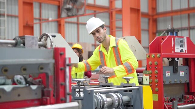 Industrial engineer in safety gear inspecting and operating manufacturing machinery during a quality control audit in a modern factory.