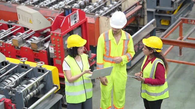 Industrial engineers in safety helmets and reflective vests discuss production equipment and review quality control data on a tablet during a factory audit.