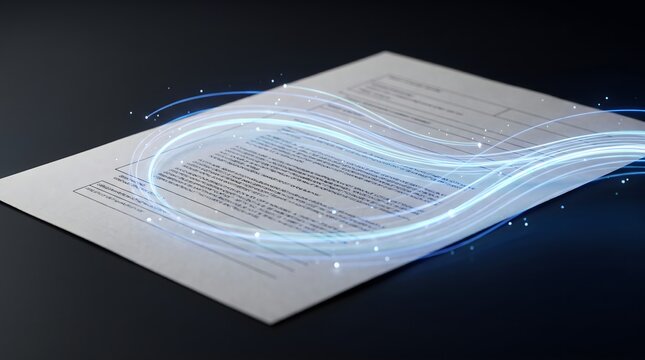 Light streaks processing digital data on office document paper surface.