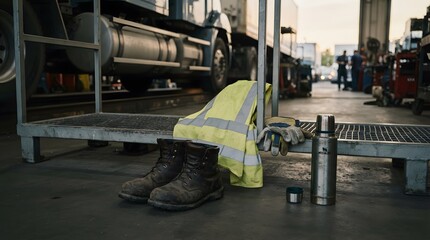 Naklejka premium Safety vest and steel thermos bottle in a truck workshop
