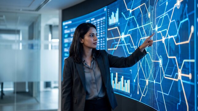 Businesswoman stands in front of holographic interactive touchscreen with diagram and infographics. Business, logistics and public transportation concept. Close-up portrait for poster, presentation