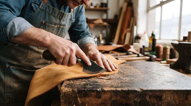 Leatherworker skiving hide on block in modern studio with negative
