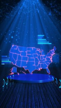 Glowing United States map charts, percentage indicators and digital analytics graphics. for business intelligence, demographics, market research, statistics, forecasting and corporate data videos.