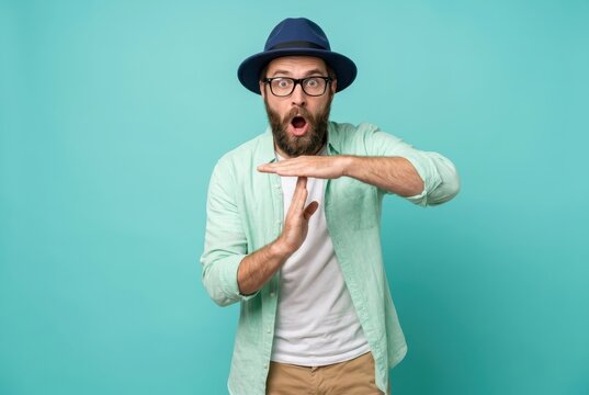 Surprised Hipster Man in Hat and Glasses Making Time-Out Gesture with Hands on Turquoise Background