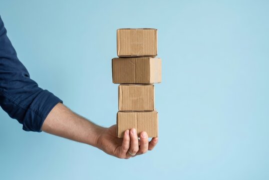 Man Holding a Stack of Small Cardboard Boxes for Delivery and Shipping Services on Blue Background