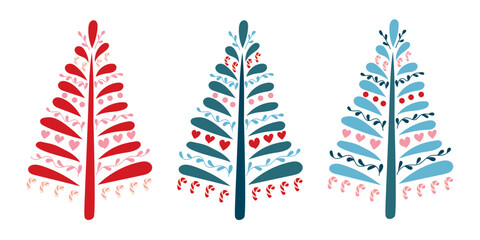Fototapeta premium Three stylized Christmas trees in red, blue, and pink colors with decorative elements like hearts and leaves, isolated on a white background