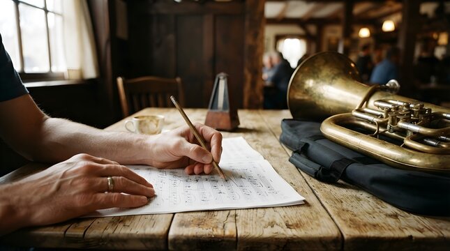 Musician marking sheet music in modern studio with negative space