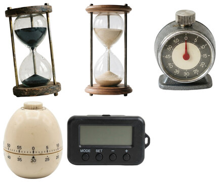 A set of countdown timers and timekeeping devices in varied styles, from classic sandglasses to kitchen and digital timers.