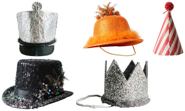 A festive collection of novelty hats and crowns for New Year celebrations and countdown parties.