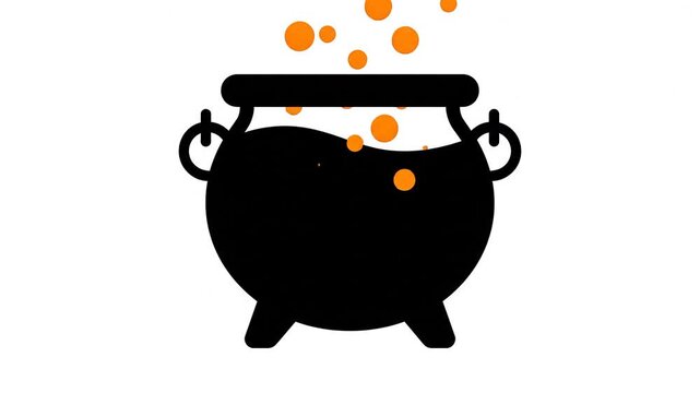 Boiling black Halloween witch cauldron with rising orange bubbles vector animation on white background