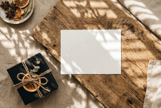 Blank White Greeting Card Mockup on Rustic Wooden Board with Black Gift Box and Dried Spices in Natural Sunlight