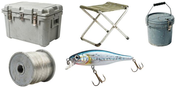 A collection of essential fishing gear and accessories for angling, storage, bait handling, and shoreline use.