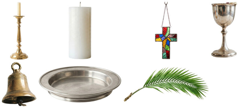 A collection of ceremonial church service objects and symbols associated with Easter worship.