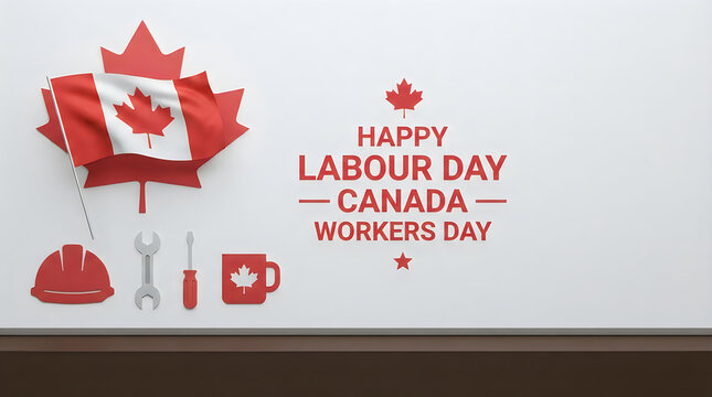 Happy labour day canada celebration poster with maple leaf flag and worker tools icons illustration
