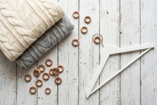 Cozy Knitted Sweaters with White Wooden Hanger and Natural Wood Rings on White Plank Background Flat Lay