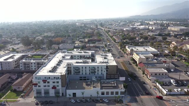 Afternoon aerial view of the buildings of downtown Azusa, California, USA.