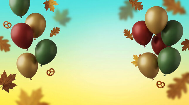 Oktoberfest background with floating balloons pretzels and fall leaves