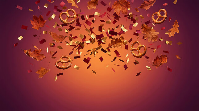 Oktoberfest party background with falling confetti pretzels and leaves