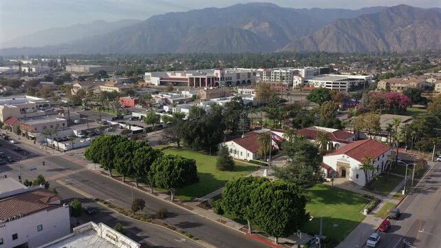 Afternoon aerial view of the buildings of downtown Azusa, California, USA.