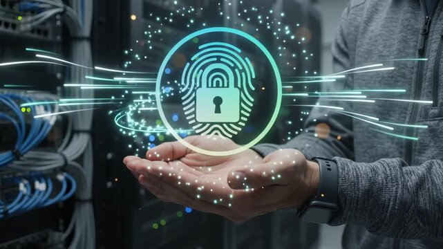 Cybersecurity and biometric fingerprint authentication for secure data protection. Digital lock and network encryption safeguard personal information and privacy within a modern server datacenter