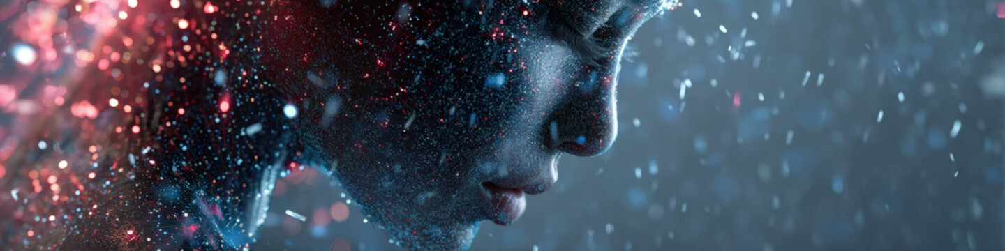 Close-up profile of a woman's face dissolving into blue and pink digital particles symbolizing artificial intelligence