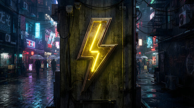 Glowing yellow lightning bolt symbol centered in a dark rainy night city street background