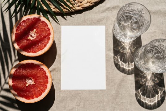 Flat Lay of Blank White Card Mockup with Fresh Grapefruit and Iced Water in Sunlight with Palm Shadows