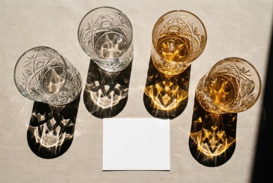 Elegant Crystal Whiskey Glasses with Dramatic Caustic Shadows and Blank Mockup Card on Table