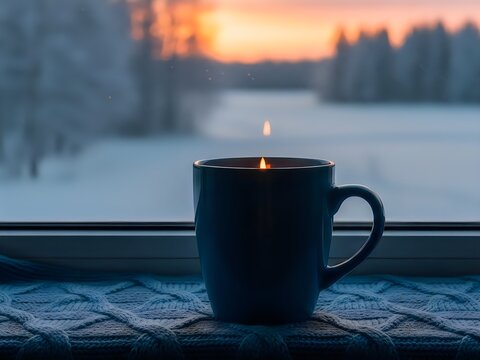 Blue ceramic mug with candle flame on knitted blanket by window overlooking snowy winter sunset