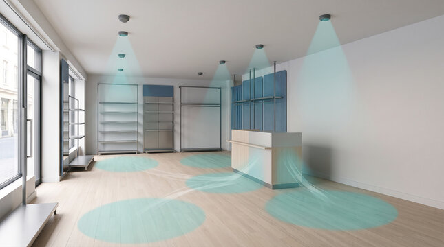 Air flow and disinfection system visualization in empty retail store