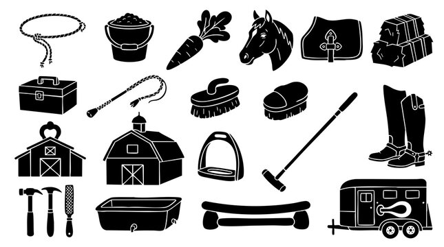 Collection of equestrian farm and rodeo equipment vector graphics for rural or western themes.